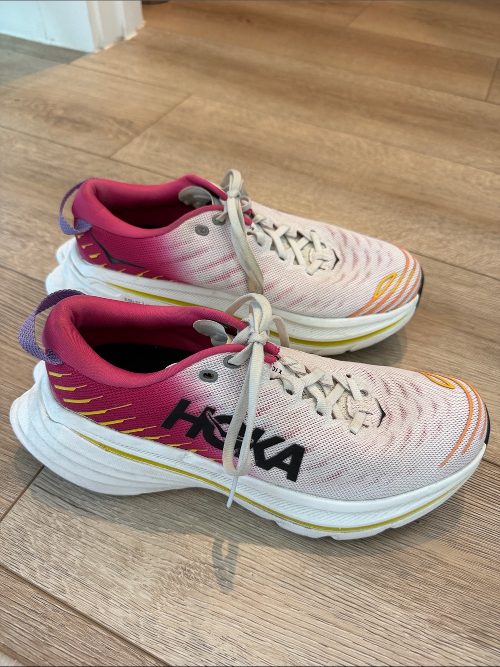 Hoka Boni X Women's Athletic Shoes in Pink, White and Yellow